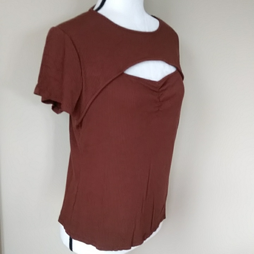 No Boundaries Peek A Boo Ribbed Look Top Junior XL (15-17) Brown - Picture 6 of 11